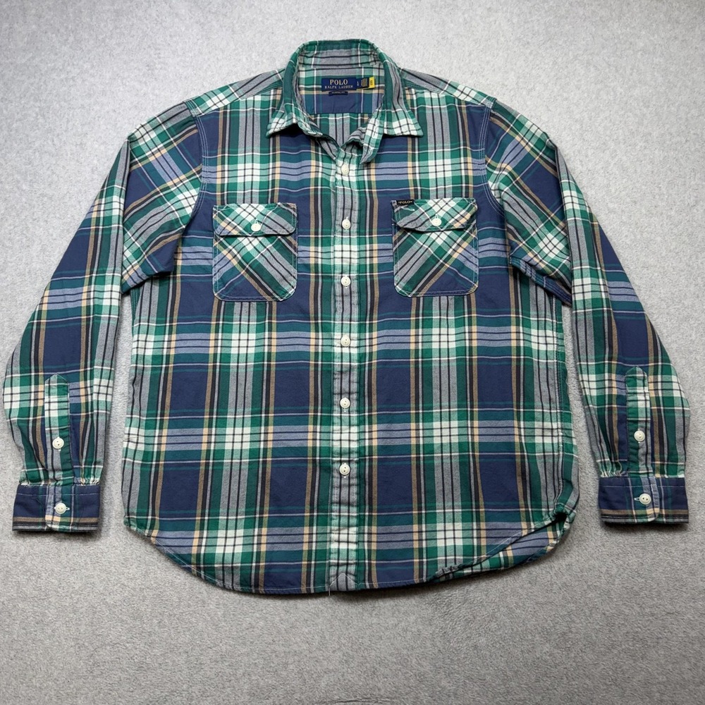 Polo Ralph Lauren Shirt Mens Large Blue Plaid Classic Fit Twill Workshirt Casual